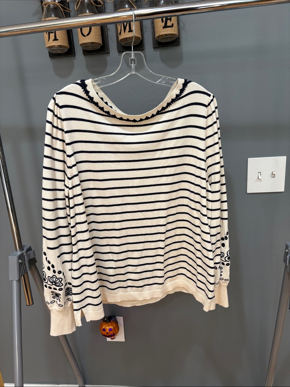 Chico's Cream and Navy Striped Boatneck Long-Sleeve Top